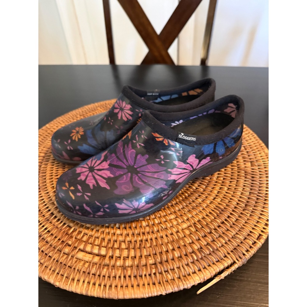Sloggers Women 9 Garden Shoes Waterproof Rain Clogs Floral Purple Blue Slip On
